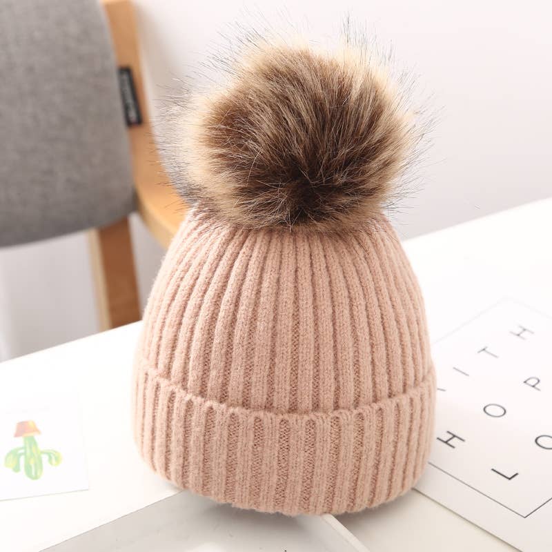Knitted Beanie with Fur Pom Pom | Pink