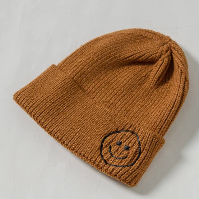 Knitted Smiley Baby Beanie | Brown