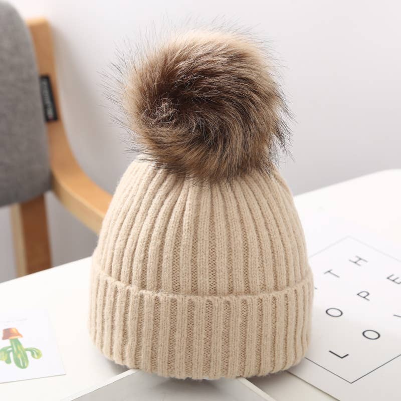 Knitted Beanie with Fur Pom Pom | Cream