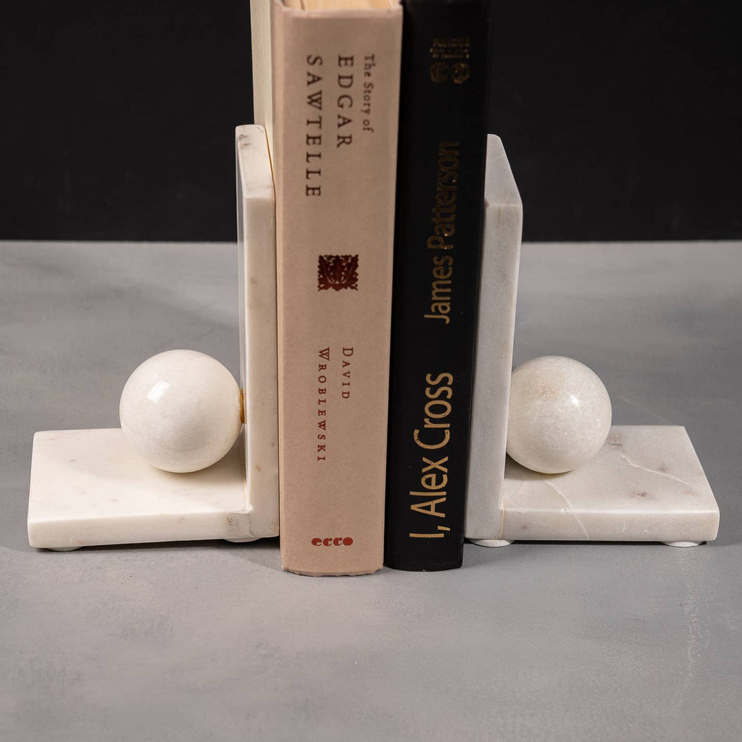 White Marble Rectangle & Balls Bookends, Set of 2
