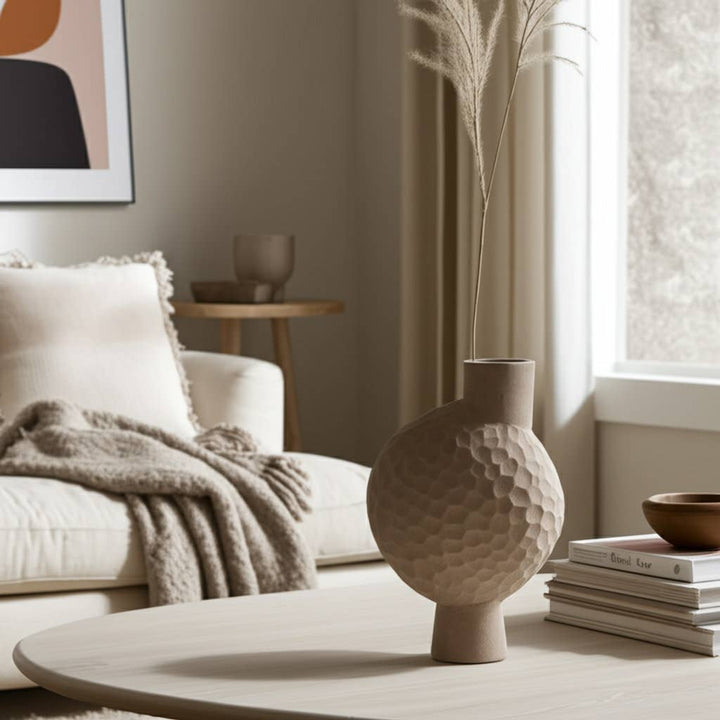 Stone Sculpted Geometric Textured Vase | Beige