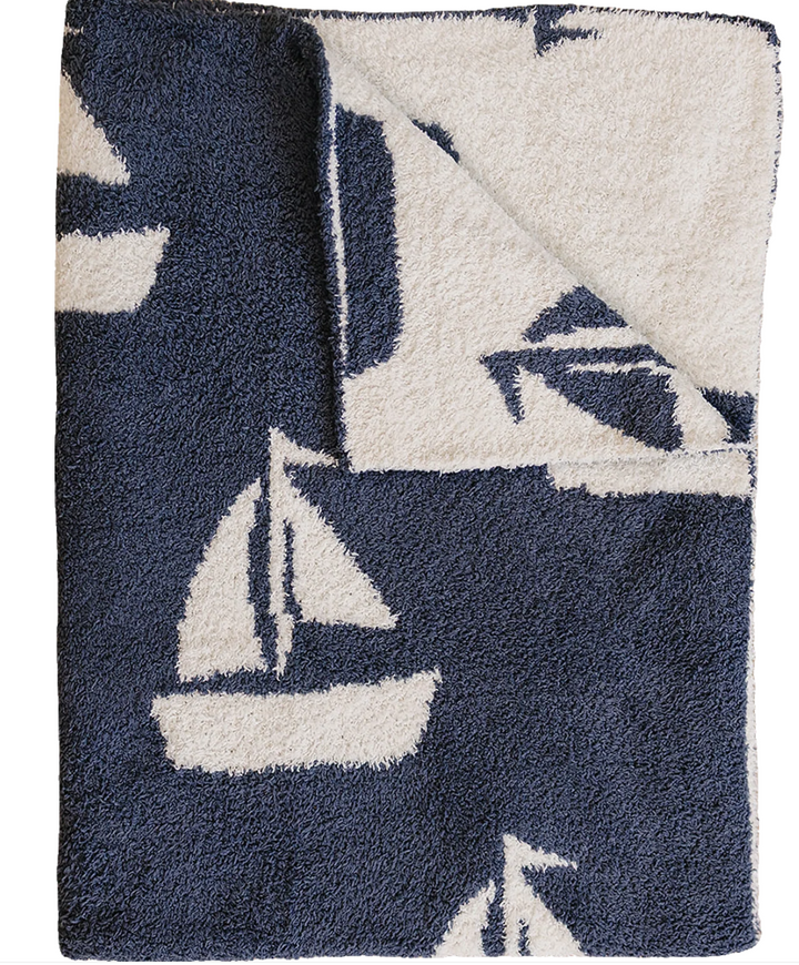 Sailboat Plush Blanket | Navy Blue
