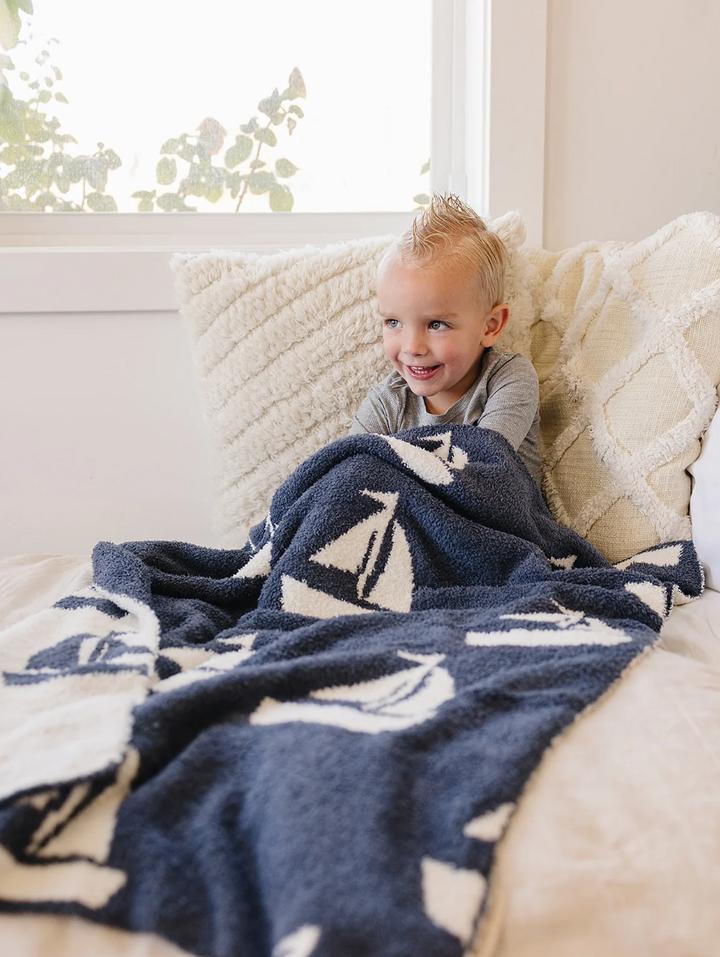 Sailboat Plush Blanket | Navy Blue
