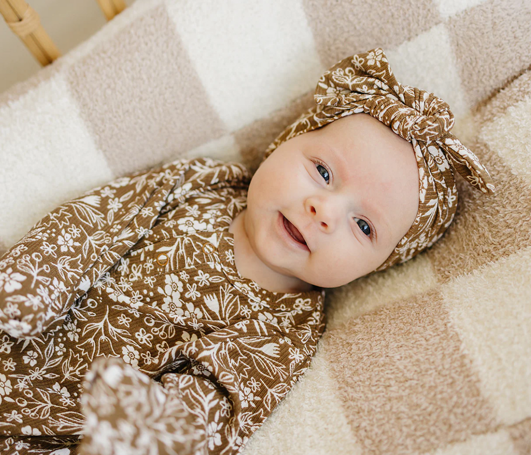 Bow Headband | Brown Floral Ribbed