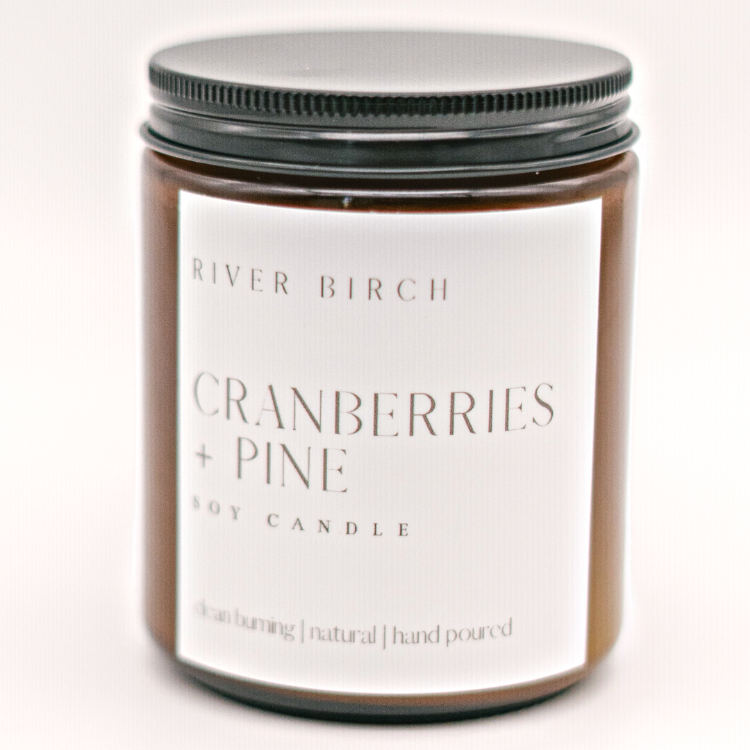 8.5oz Cranberries + Pine - Amber Jar - Soy Candle