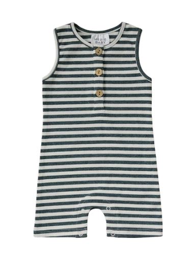 Charcoal + White Striped Ribbed Short Romper- 2T